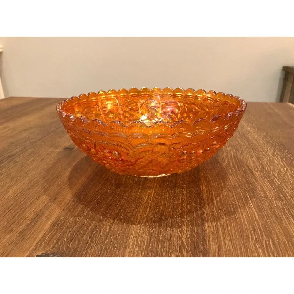 Imperial Glass Antique Orange Carnival Glass Serving Bowl Grapes Scalloped 9